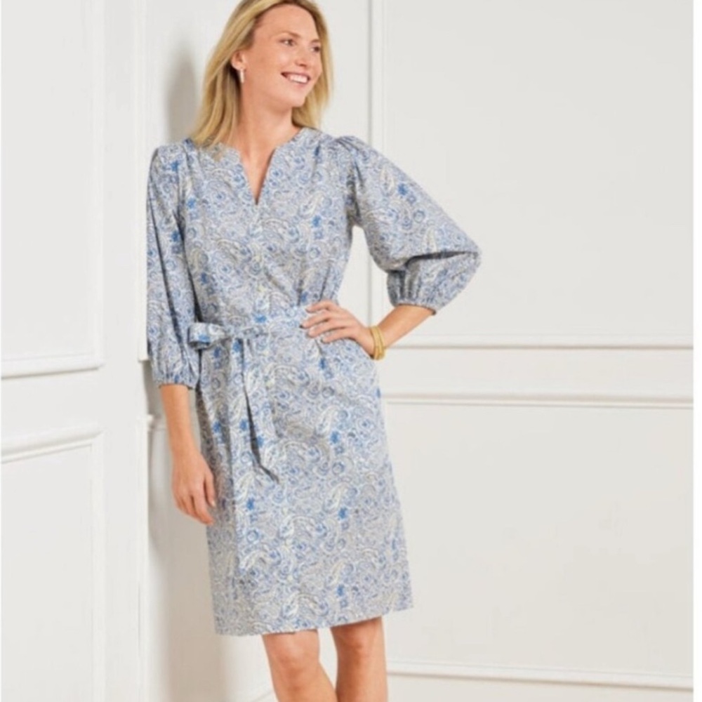 Talbots Blue and White Paisley Dress with puff sleeves